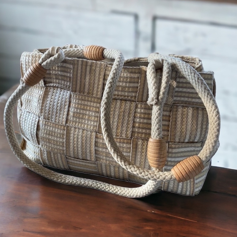Boho Shabby Chic Bohemian Italian Baske Weave Woven Tan Cream Tote Handbag